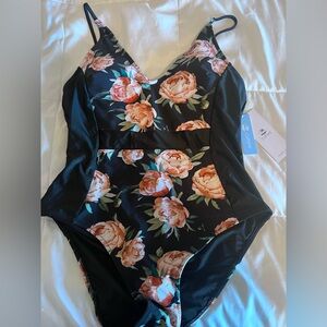 Cupshe One Piece with Black and Pink Floral Design